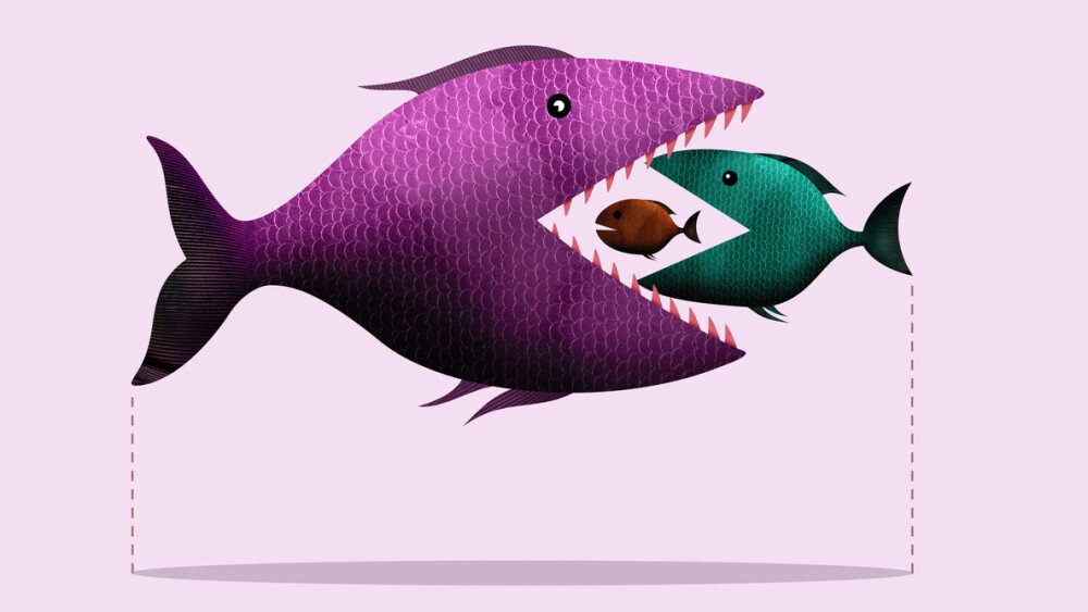 Big fish eats small, takeover of the company. Art collage.