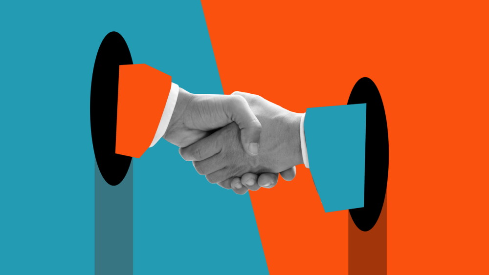 A handshake of businessmen. Modern design with a positive context. Concept of help, support, and agreement between businessmen. Modern art collage, trendy magazine style.