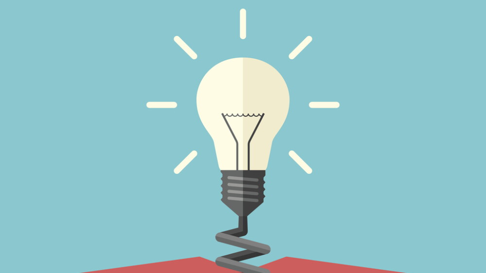 Glowing light bulb on spring appearing from red box. Creativity, innovation and aha moment concept. Flat design. EPS 8 vector illustration, no transparency