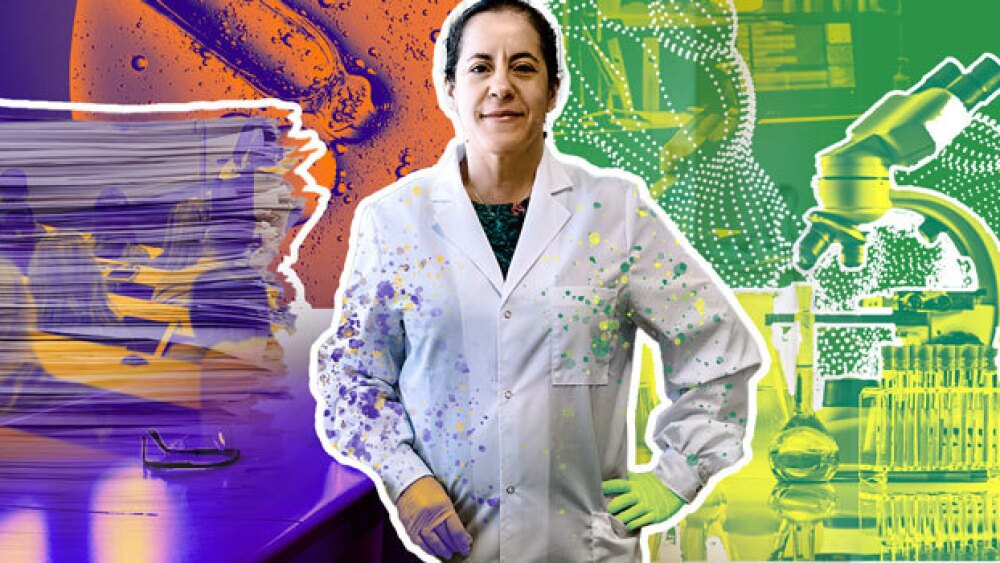 Pictured: A scientist with a split background betw
