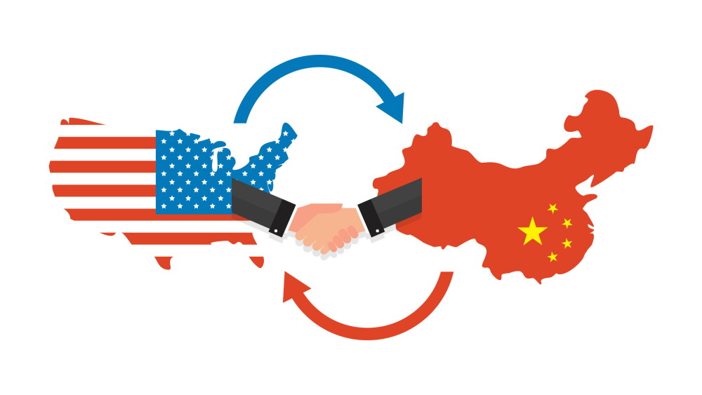 Two businesspeople handshake after good deal. US America and China flags on map. USA and China trade relations, cooperation strategy. vector illustration