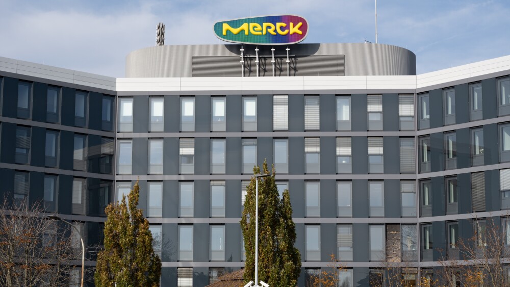 Darmstadt, Germany - November 10, 2021: A building at the headquarters of science and technology company Merck KGaA.