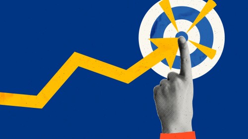 Achieve goal concept art collage. Rising arrow chart and halftone hand pointing to center of dartboard. Business goal, achieve targets, success. Trendy modern retro vector illustration