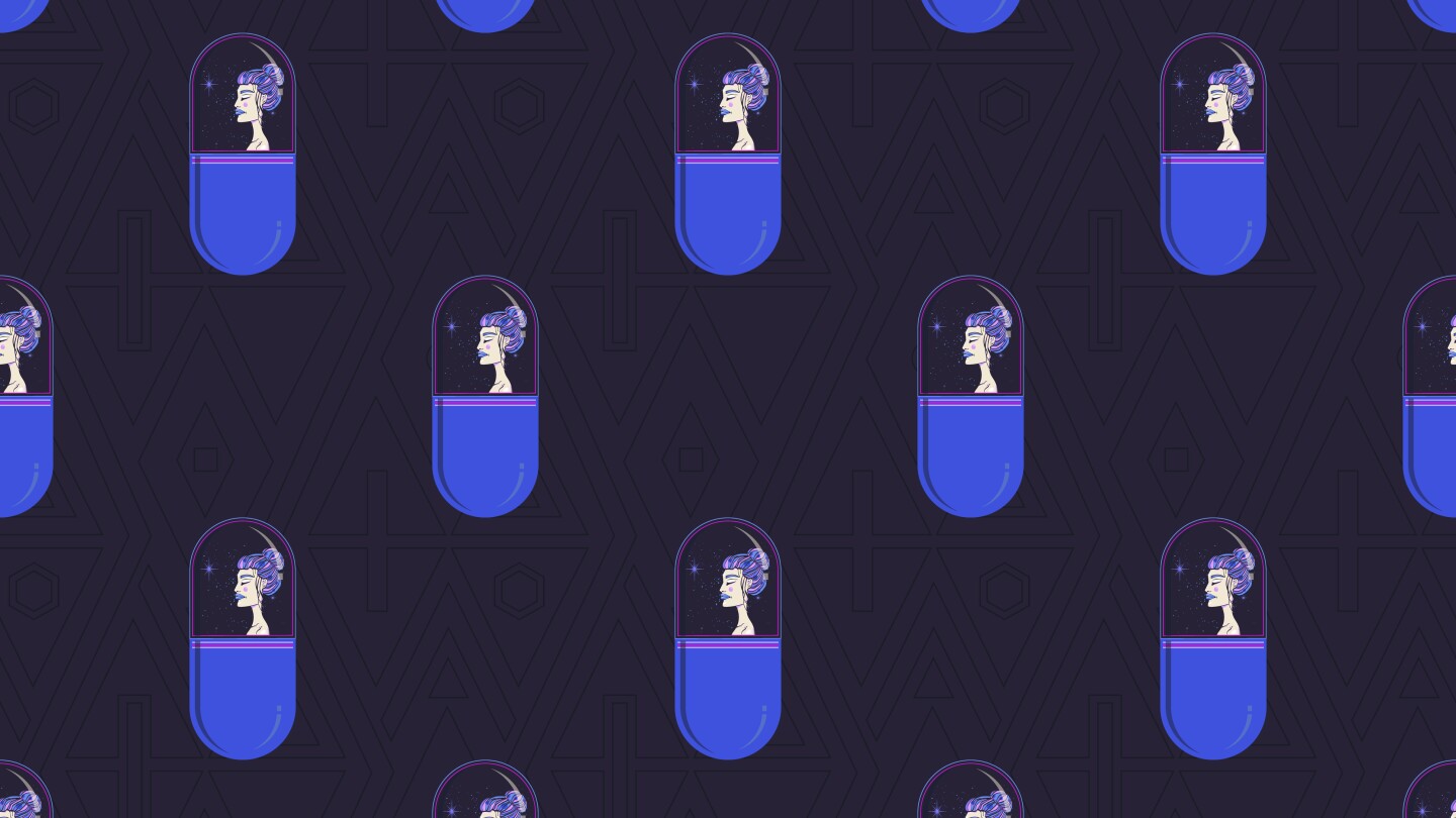 graphic pattern with the tablet. topic of drugs. pill with girl and space inside. relax