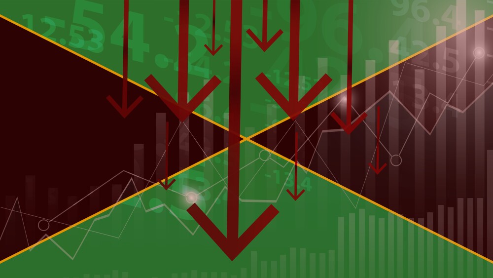 Jamaica economic collapse, decreasing values with coins, crisis and downgrade concept, Jamaica flag with changes, falling arrow, news banner idea, fail and decrease, financial decline