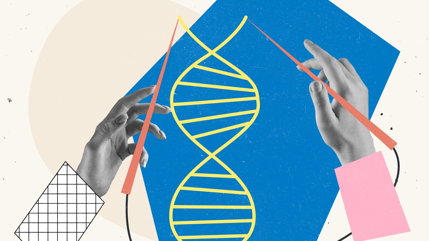 Contemporary art collage. Human hands over dna drawings, looking at hereditary material. Medical university, studying genetics. Concept of healthcare, medicine, laboratory, awareness