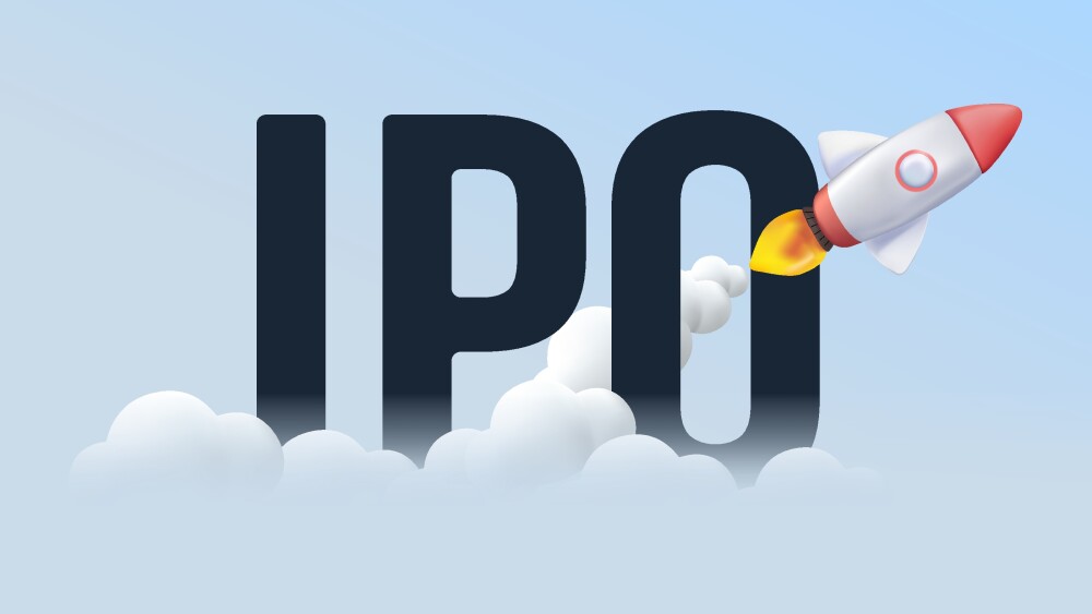 IPO Initial Public Offering finance business concept. 3D render vector illustration of Trading on IPO Initial Public Offering, Business Startup and Stock Market Concept. Public offering share launch