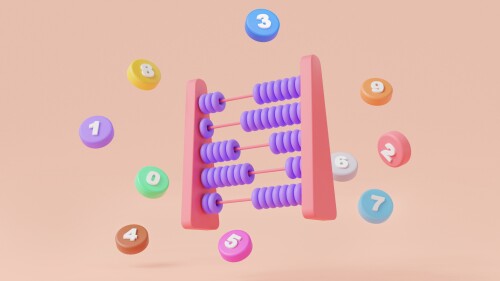 Abacus icon with colorful beads and number. Math device calculate, calculator for accounting, kids learning counting. Financial and math education concept. 3d cartoon minimal rendering illustration