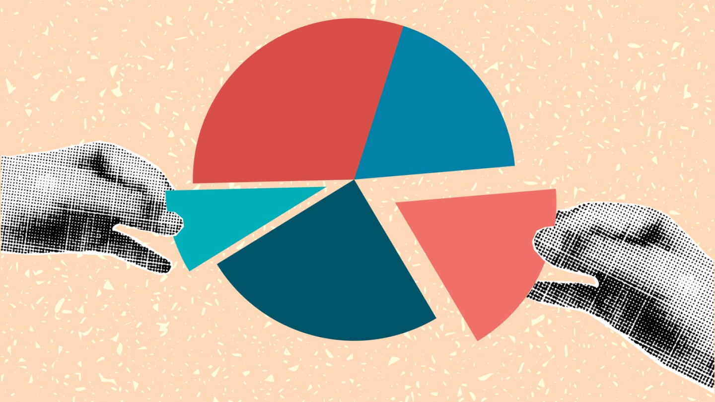 Illustration showing hands removing pieces of pie chart
