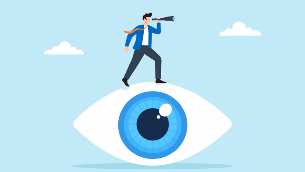 Flat illustration of businessman using telescope on giant eye symbolizing vision future planning business insight strategy and goal direction