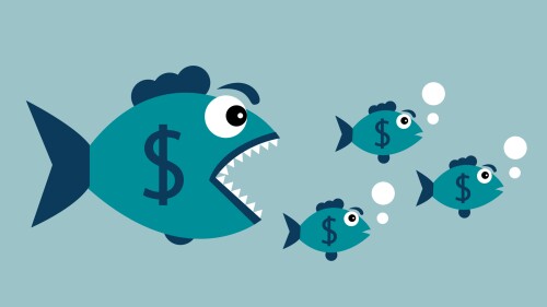 Big fish with a dollar badge wants to eat small fish