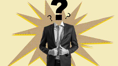 Illustration of businessman with question mark head on colorful comic-style background