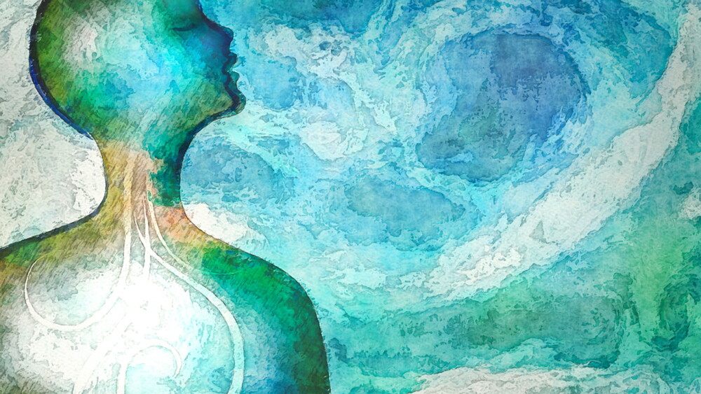 Illustration showing mindfulness relaxation breathing concept with woman breathing in relaxing breath of swirling nature background