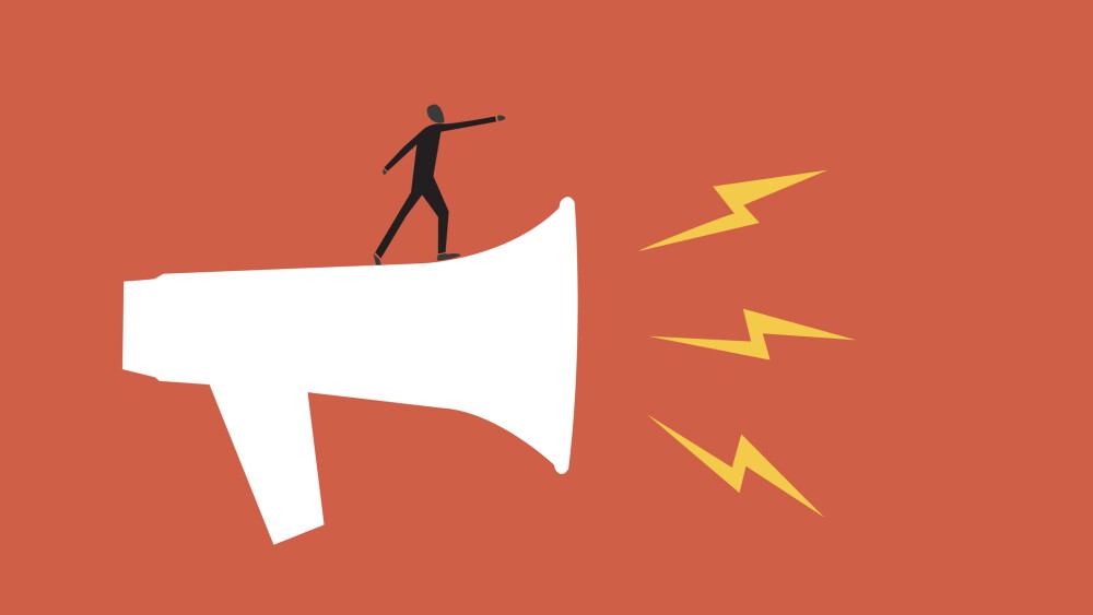 Businessman standing on big megaphone. concept of business communication, skill to communicate with employee, send important message or announcement