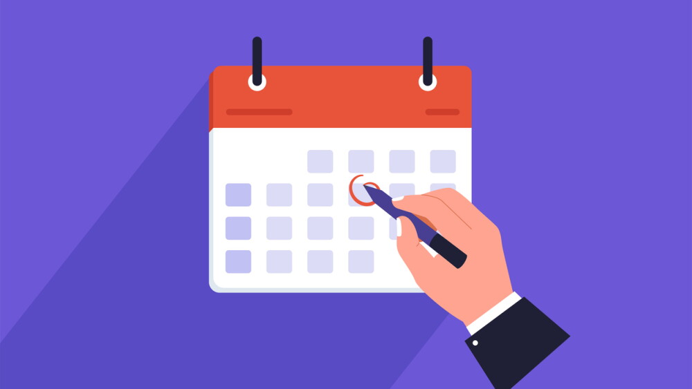 Hand Marking Calendar Reminder Illustration. A professional hand uses a pen to circle a date on a red and white calendar, representing schedule planning and important reminders