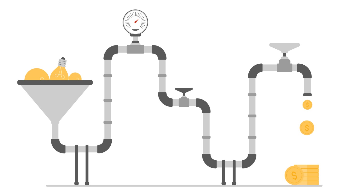 Conversion creative ideas into money with innovation machine, startup opportunity to earn money by motenization. Light bulbs in funnel converts to coins flowing through tap cartoon vector illustration