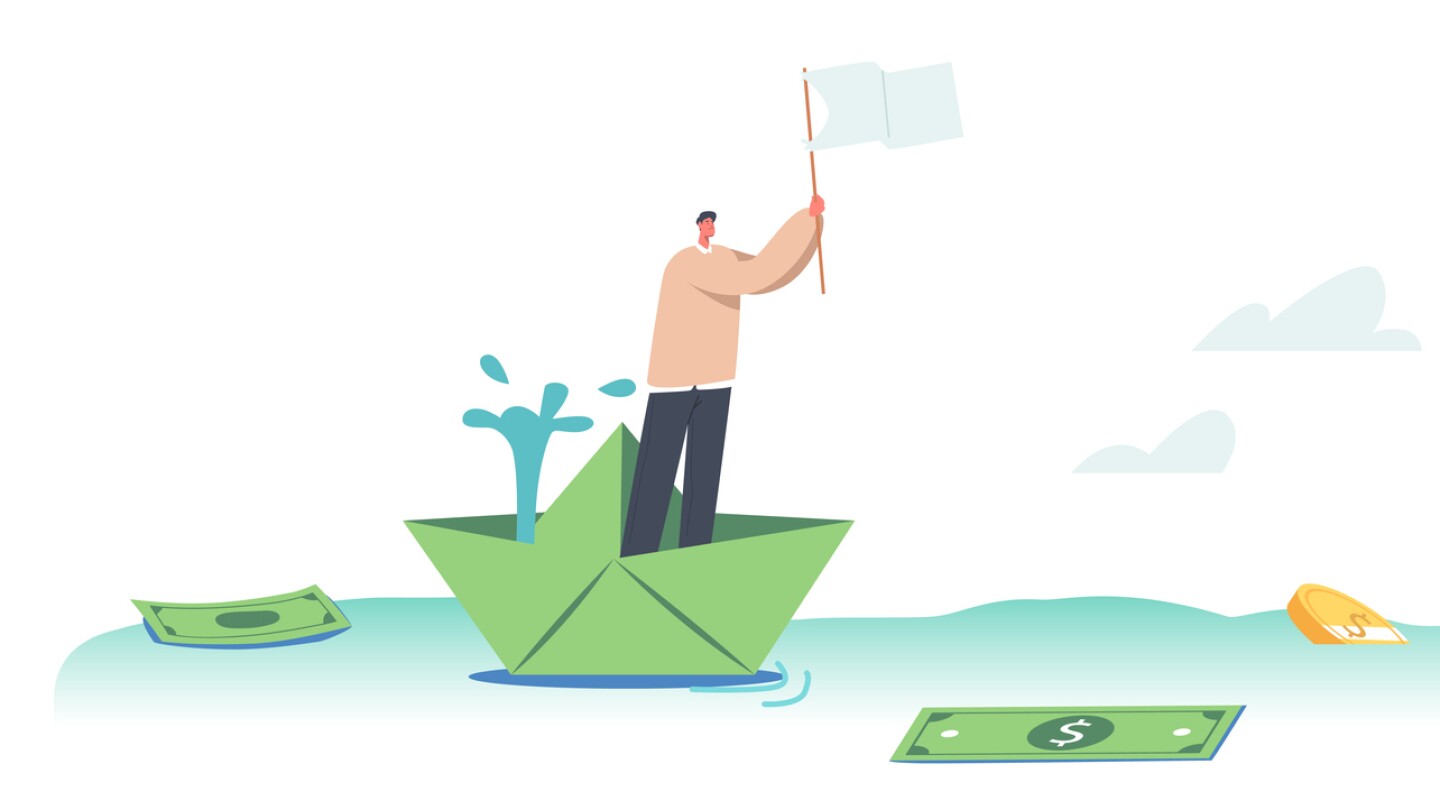 Financial Crisis Concept. Bankrupt Businessman Character Stand at Sinking Paper Ship Waving White Flag in Sea with scatter Dollar Bills and Coins Business Man Bankruptcy. Cartoon Vector Illustration