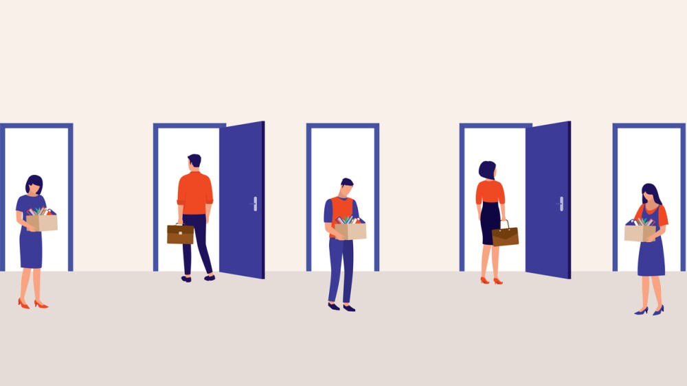 Illustration of employees walking in and out of door