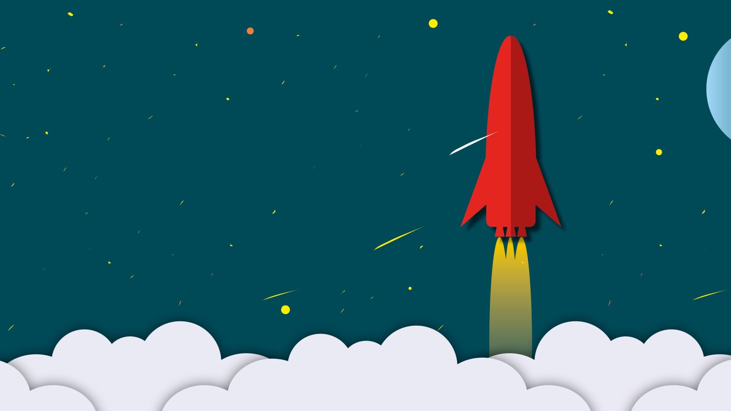 Red rocket with clouds rising up as metaphor for business and financial growth, Success and financial developing, Business growth concept, paper cut style.