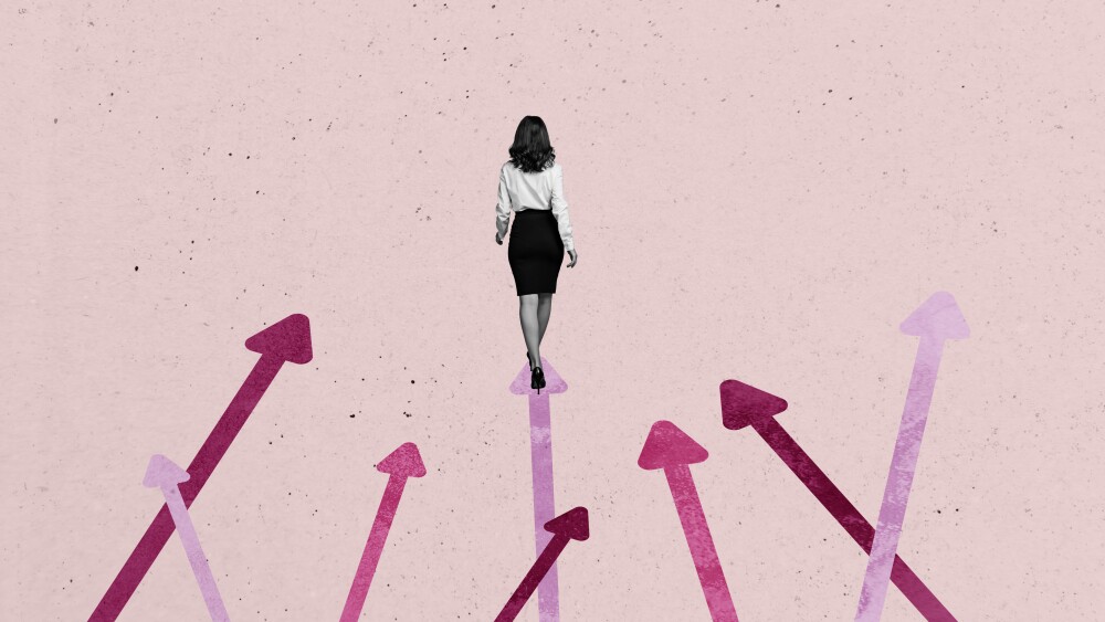 3D collage design composite trend artwork sketch of different routeway direction target trader young lady back walk step success choice.