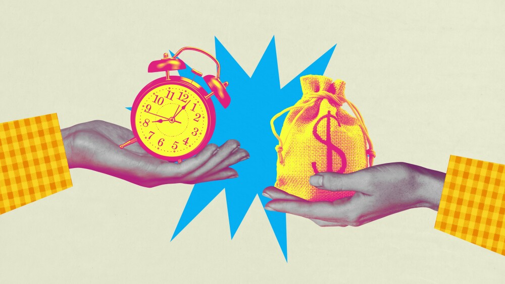 Exclusive artwork banner creative collage of hands hold alarm clock deadline payment limit dollar bag exchange finance earnings.