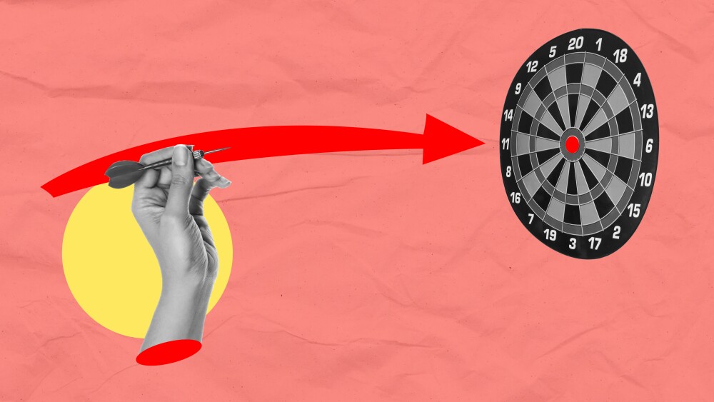Businessman holding a dart aiming at the target - business targeting, aiming, focus concept. Art collage.