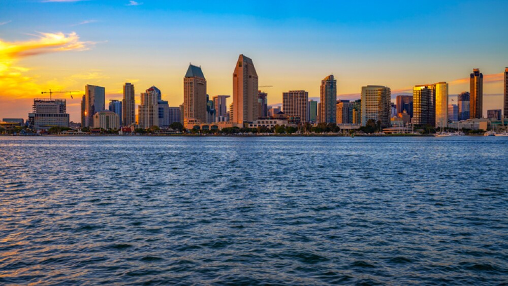 Sunset skyline of San Diego downtown viewed from Coronado Island.