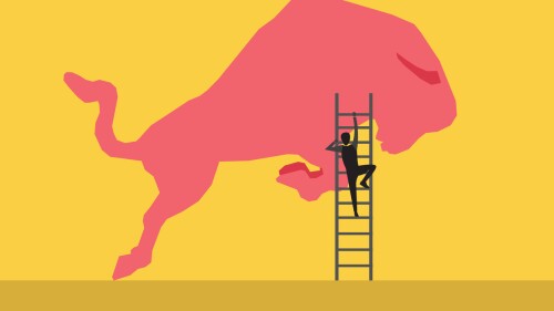 Businessman climbing stairs on the top. Stock market price rising up in bull market. concept of ambition, confidence and success