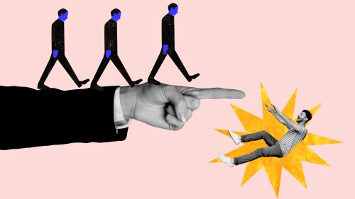 Creative photo collage of funny young guy falling down shaming finger directing him stop corporate bullying isolated on pink background.