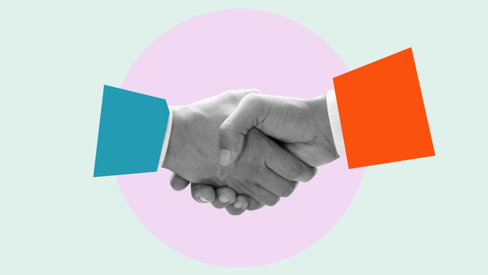 Modern design with a positive context, a handshake. Concept of help, support and harmony between adults. Modern art collage, trendy magazine style.