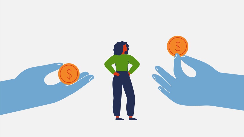 highly qualified female specialist in demand on the labor market. human hands give money and offers of job to confident businesswoman. vector illustration