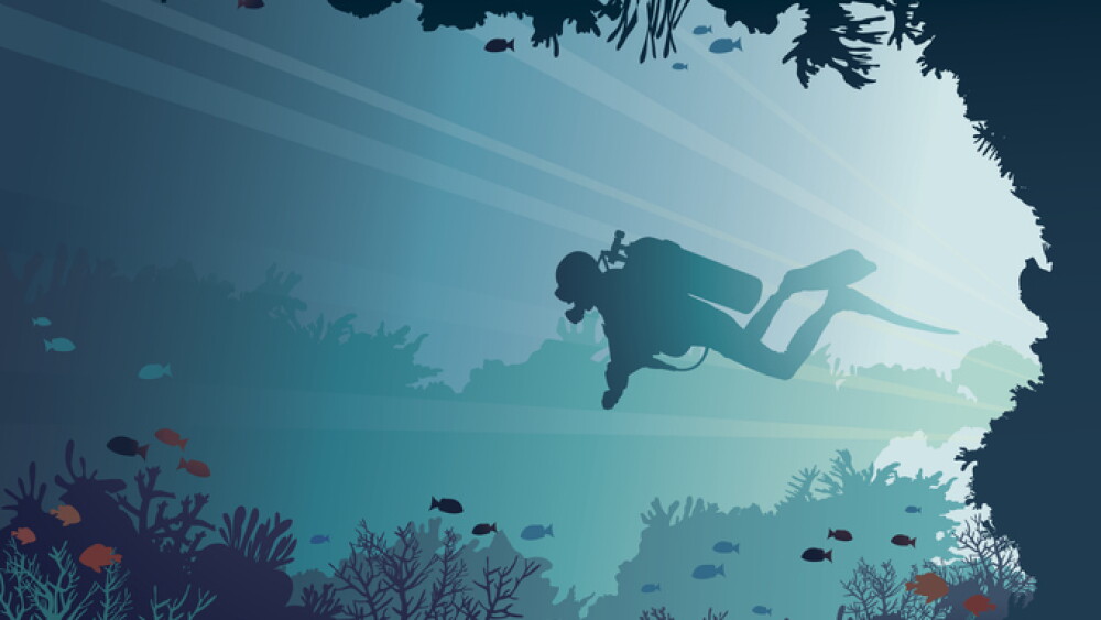 Silhouette of scuba diver, coral reef and underwater cave on a blue sea background. Vector nature illustration. Marine life.