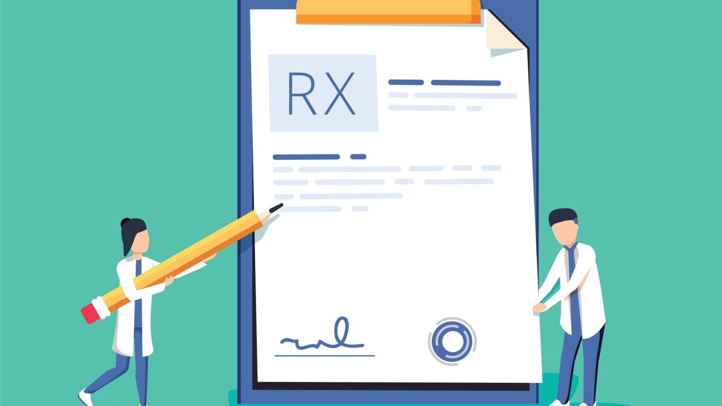 Miniature doctor writing prescription. Clipboard whit signature. Rx prescription form. Medical prescription pad. Vector illustration flat design style. Medical background, template. Online clinic