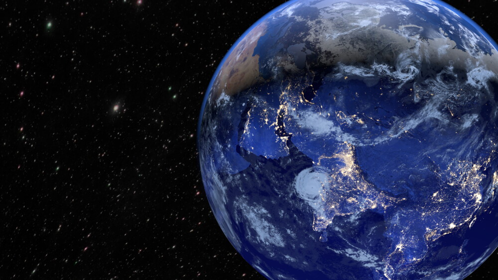 Planet Earth. The radiance of the cities of Asia, India and China. 3D rendering. Day to night cycle High resolution texture maps included (normal map / bump map / specular map / color map) Animation created in Blender. https://commons.wikimedia.org/wiki/File:Ocean-wind-atmosphere-ice-arctic-terrain-1123814-pxhere.jpg