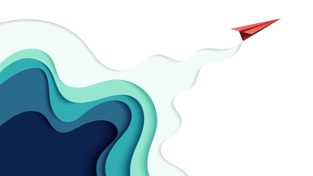 Illustration of red paper airplane flying on blue paper art abstract background