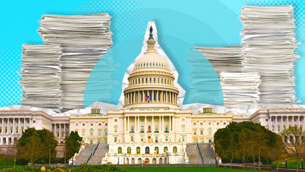 Illustration of the US Capitol building surrounded by stacks of paper