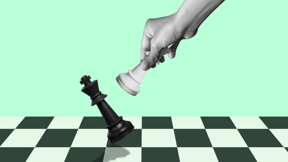Check mate. hand of businessman moving chess figure Trendy 3d collage in magazine style. Contemporary art. Modern design