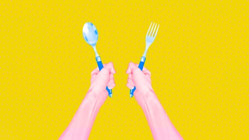 Contemporary digital collage art. Modern trippy design. Hands holding fork and spoon