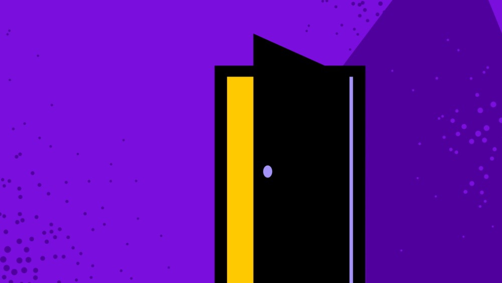 Half open secret door new opportunities concept vector illustration, fear of the unknown, step inside the future, what is behind, what is there.