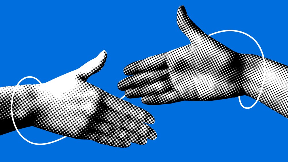 Hands reach out to each other. Handshake. Halftone retro hands. Paper cutout elements. Trendy vintage newspaper parts. Hands tied with thread. Shaking hands. Make a deal. Successful agreement