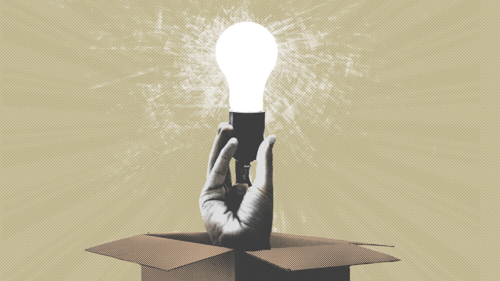 illustration hand holding light bulb coming out from a paper box, collage effect