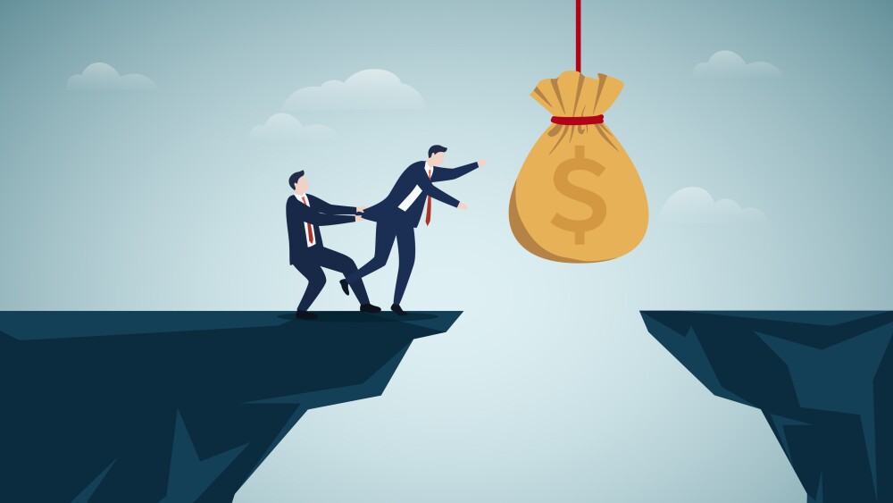 Money trap and business risks, insurance concept. Vector of greedy businessman running to the bait, another man trying stop him.