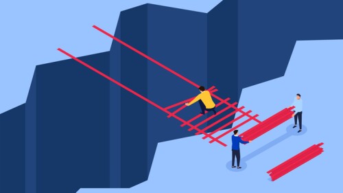 cartoon showing teamwork to build a bridge across a chasm