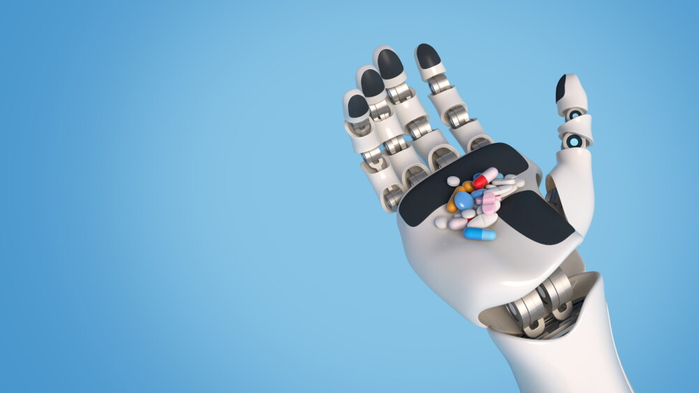 3d illustration of automated hand holding medical drugs on blue background with space for text and images.