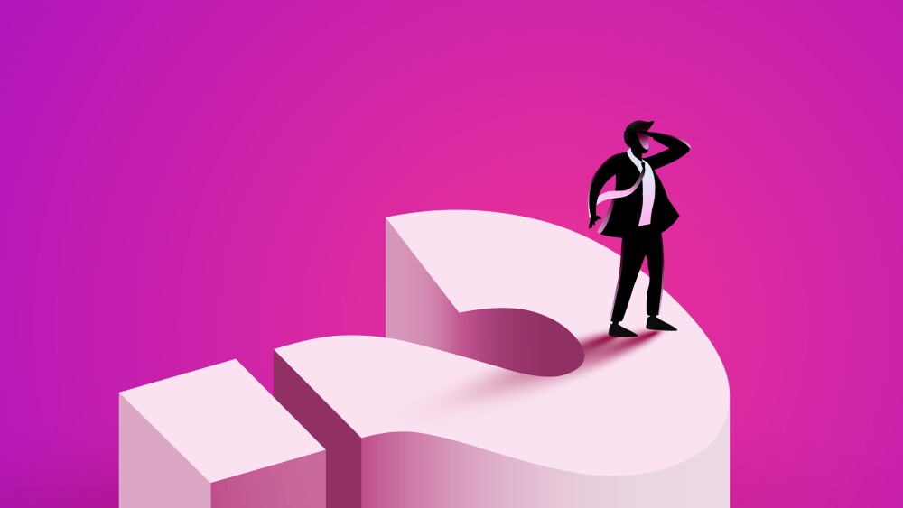 Business decision concept with a businessman standing on a huge question mark. Symbol of the future, opportunities, planning, vision. Vector illustration