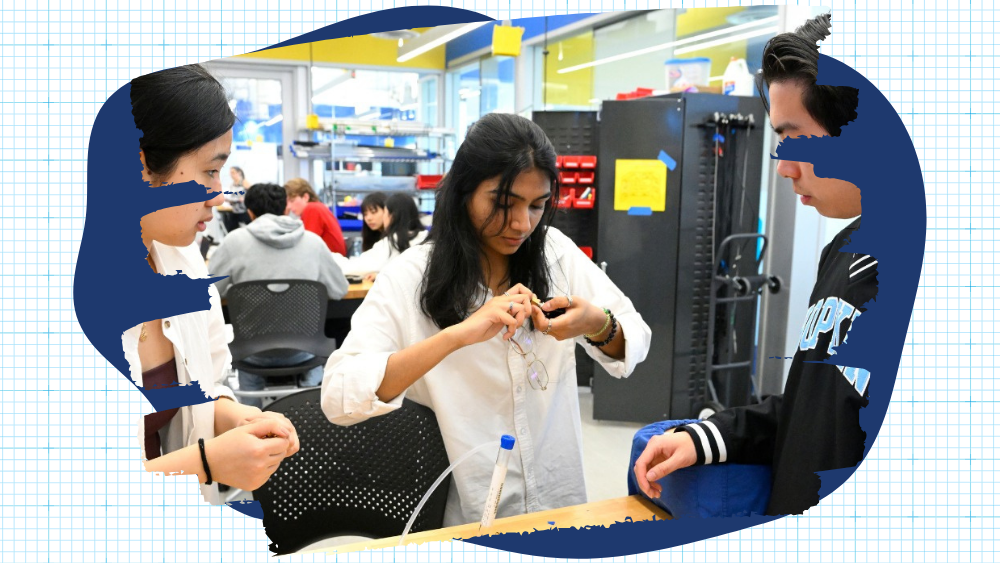 Photo of Johns Hopkins biomedical engineering students at work against grid background