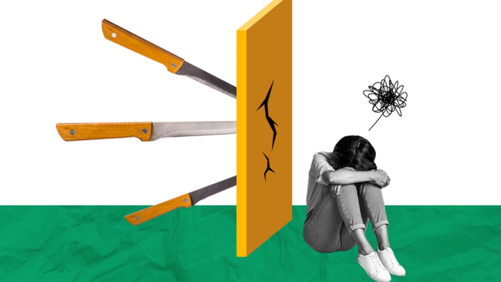 Composite artwork collage image picture of knives inside wall cover mini sad girl isolated on creative background.