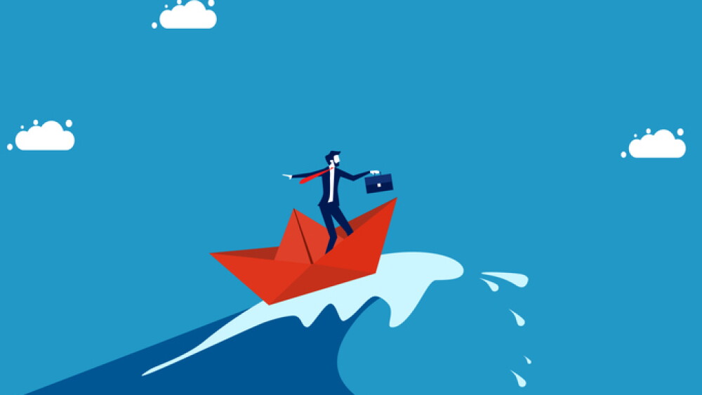 Get through the crisis with patience. Businessman surfing sea waves with paper boat vector