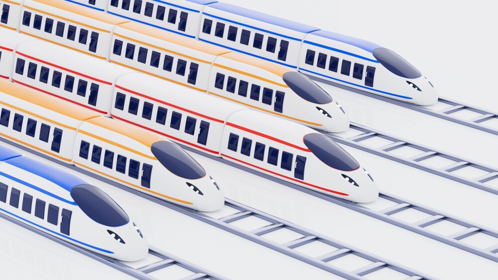 Cartoon high-speed train in the white background, 3d rendering. Digital drawing.