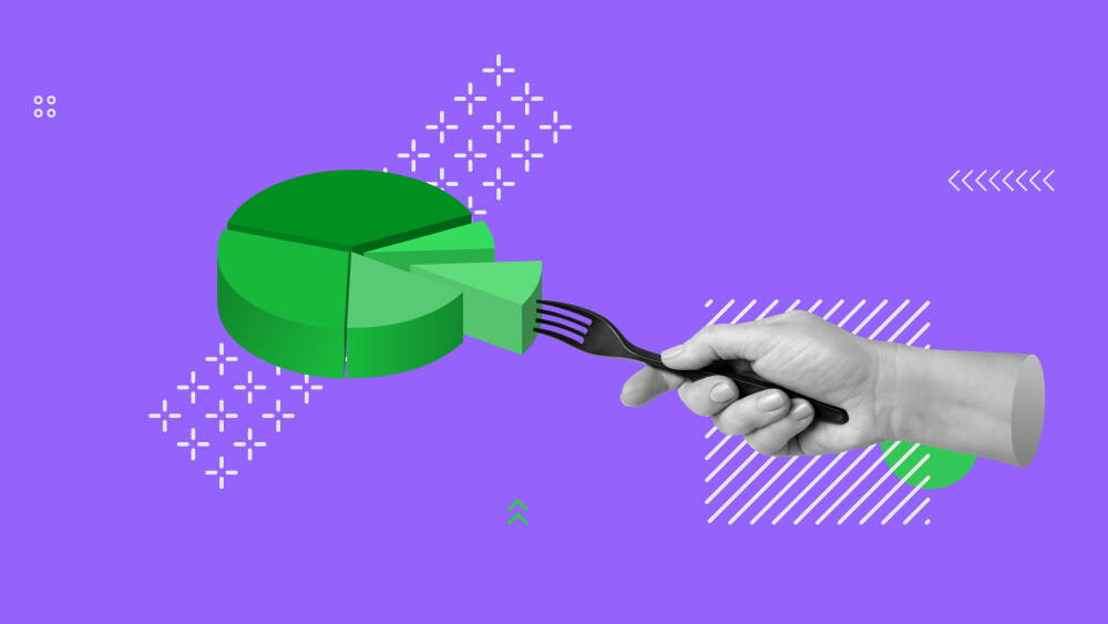 Business analytics, statistical data collection, profit sharing, information management concept. Hand with fork holding piece of pie diagram. Minimalistic art collage